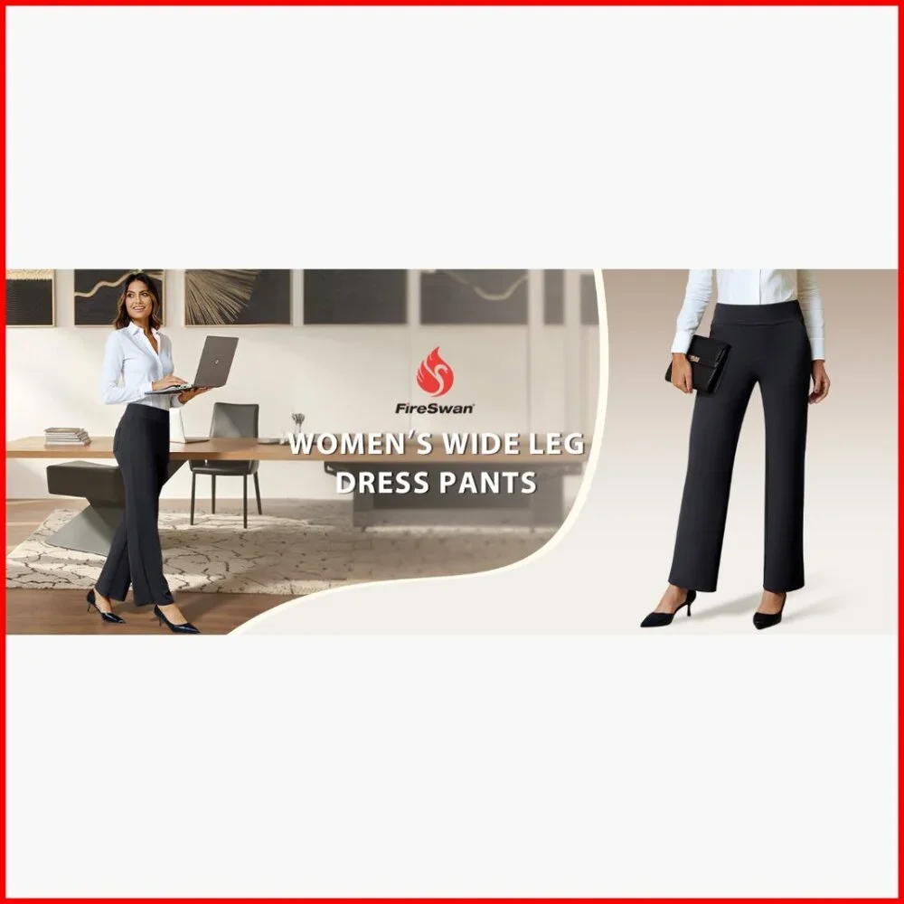 Stretchy Wide Leg Dress Pants Pull On Office Slacks with 4 Pockets - Picture 7 of 7